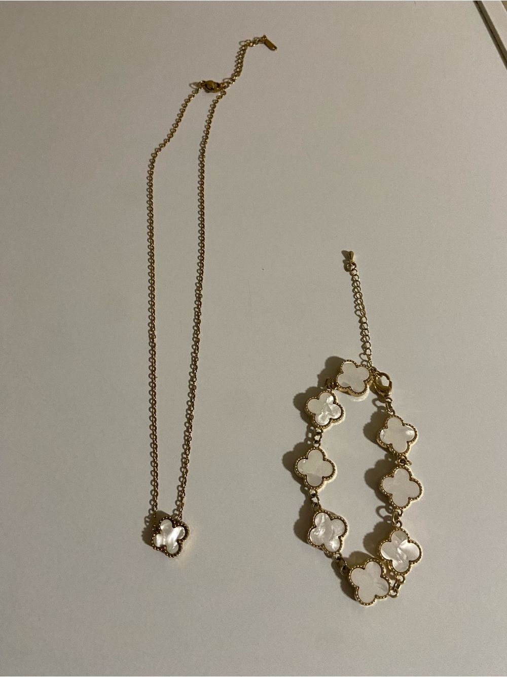 Gold-Tone Necklace and Bracelet Set with White Clover Accents